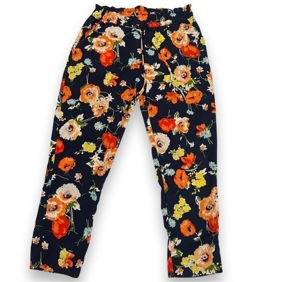 Beautiful Floral pants navy casual lounge lightweight ankle crop hight waist - Picture 6 of 8